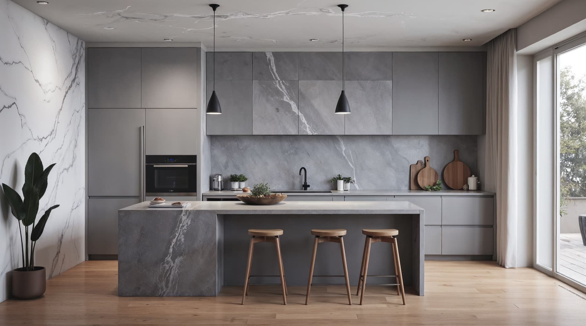 Modern kitchen interior with marble accents